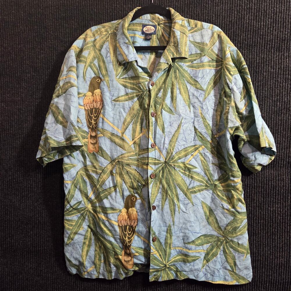 Tommy Bahama 100% Linen Bird Palm Leaf Tropical Hawaiian Camp Shirt Mens Large